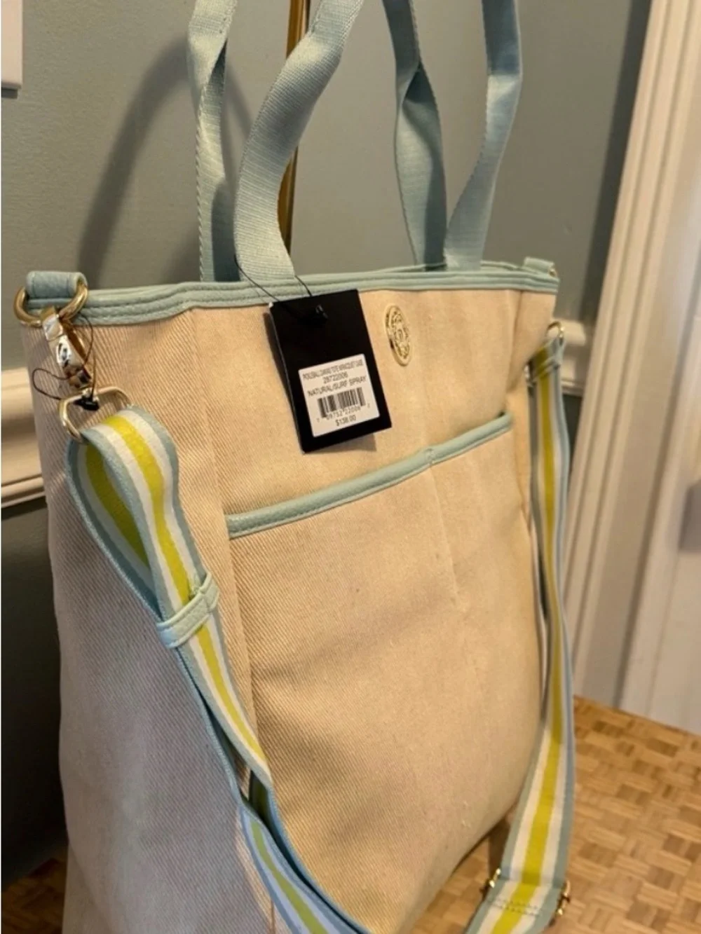 Nanette Lepore Canvas Tote Bag natural canvas body, light blue guitar strap Nwt